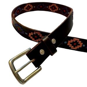 Noble Outfitters Belt Brown Leather Embroidered Axtec Pattern, Small
